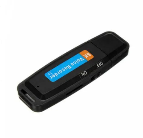SK-001 black and white USB flash drive with voice recording function showing front and side views