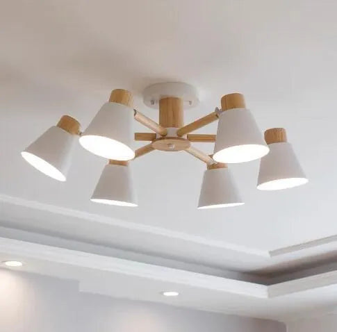 Nordic macaron ceiling pendant lamp with ironwood construction in multiple head configurations