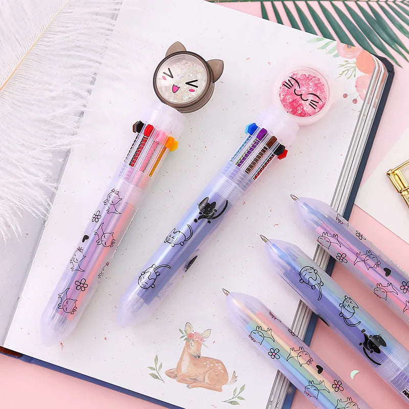 Push-type plastic pen with cute cat design, 15cm long, 0.5mm tip.
