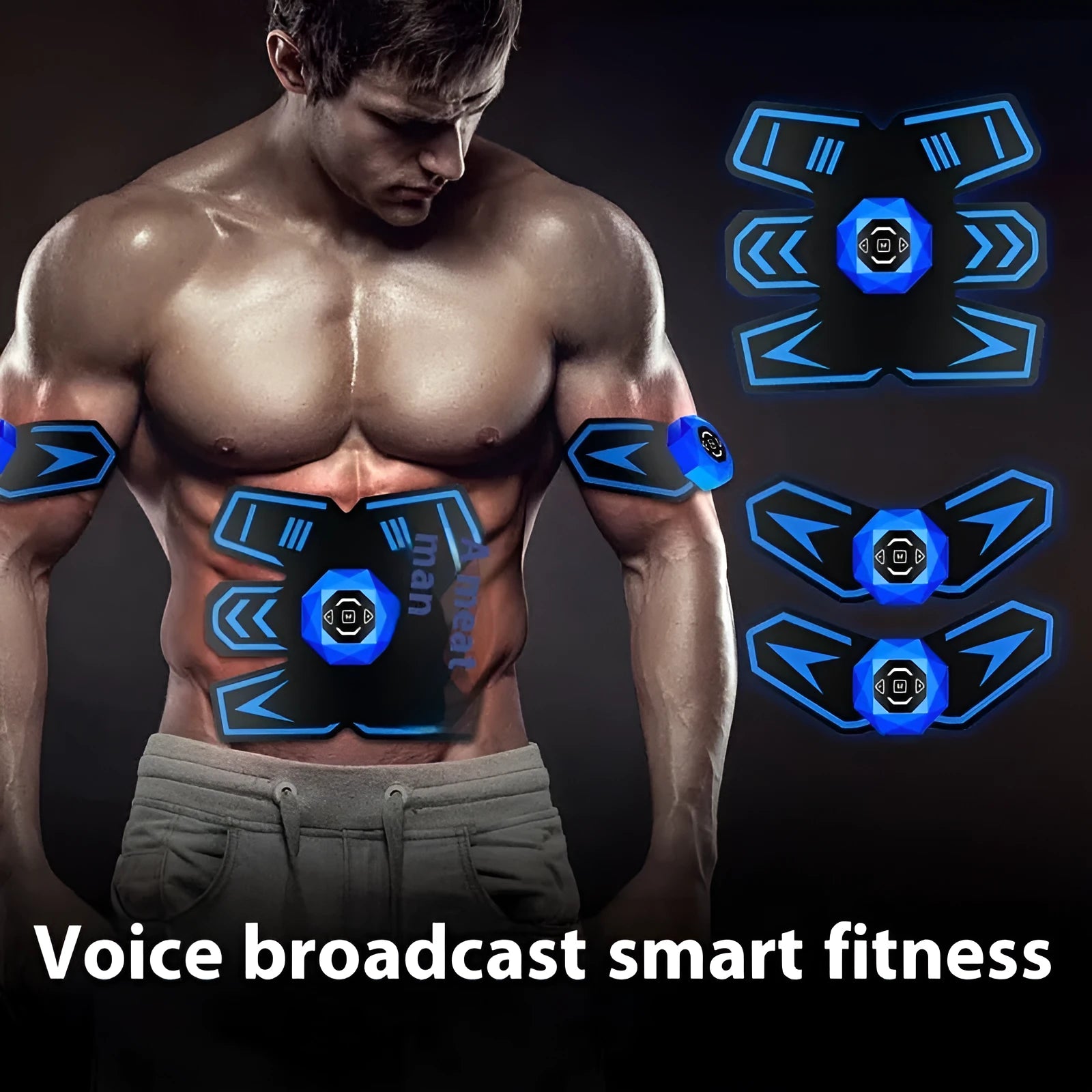 Eight-piece abdominal muscle waist reduction massage patch set showing nine style options.