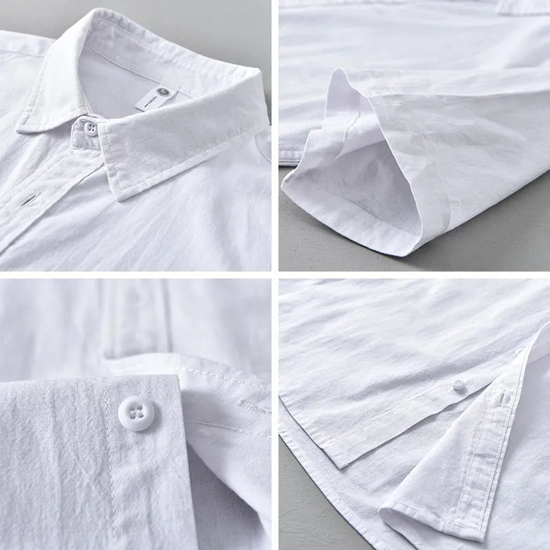 Men's casual short-sleeved pure cotton shirt in white, loose cardigan style