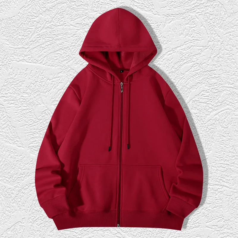 Men's heavyweight zip hooded sweater in charcoal grey showing front kangaroo pockets and adjustable hood