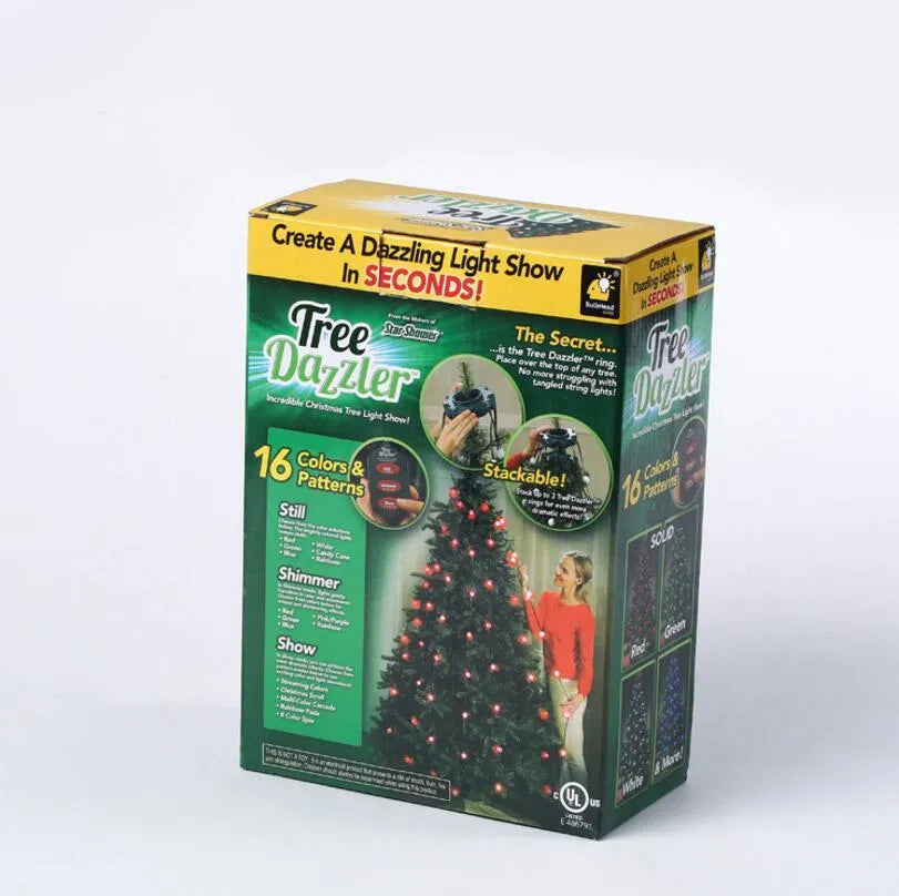 64 LED dazzler shower tree light string on a Christmas tree showing cascading lights with IP44 outdoor rating
