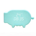 Blue and pink multifunctional LED alarm clock showing time and temperature with USB charging port