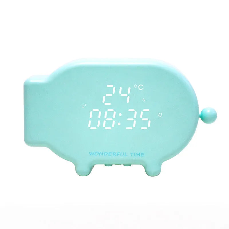 Blue and pink multifunctional LED alarm clock showing time and temperature with USB charging port