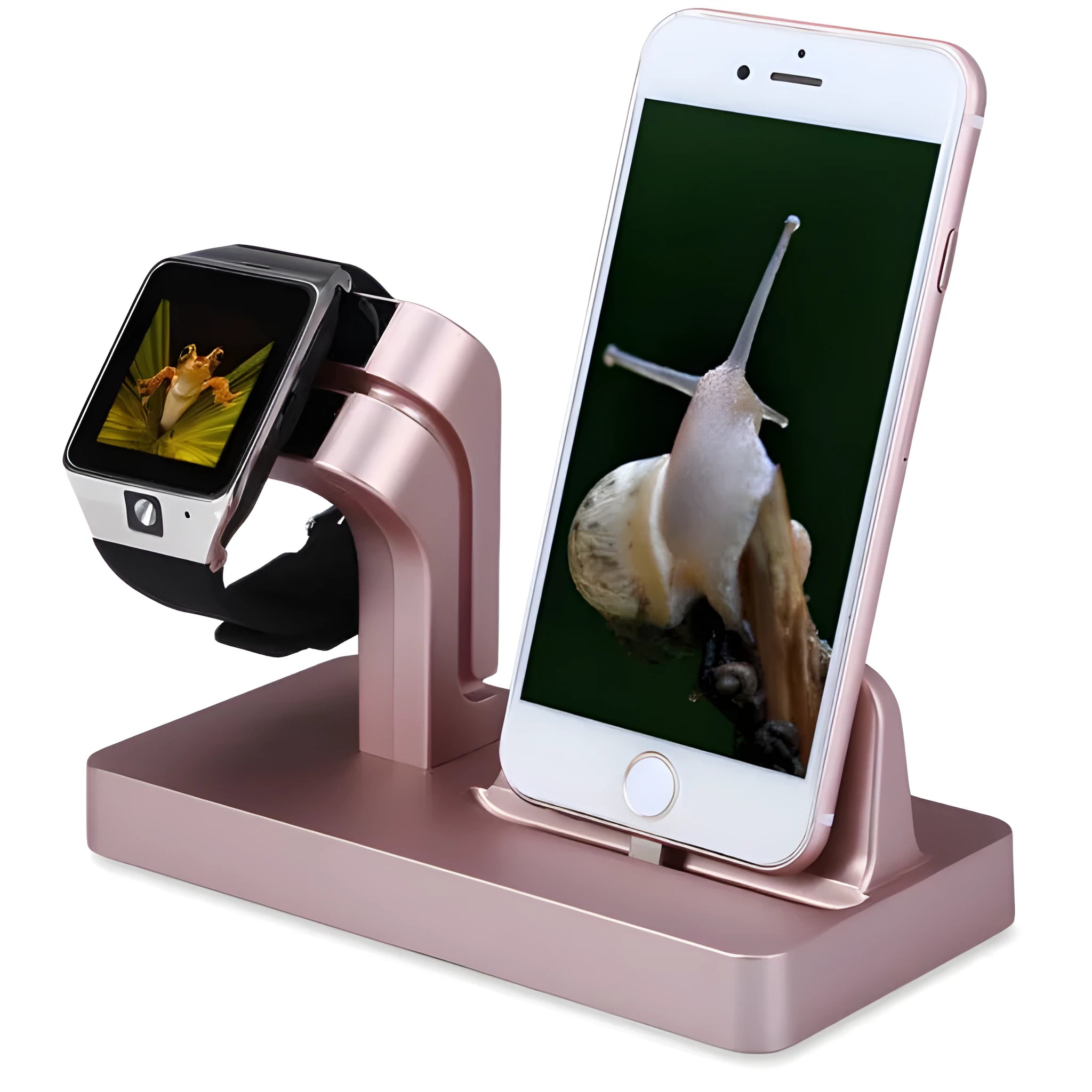 White 2-in-1 desktop charging dock holding an iPhone and an Apple Watch
