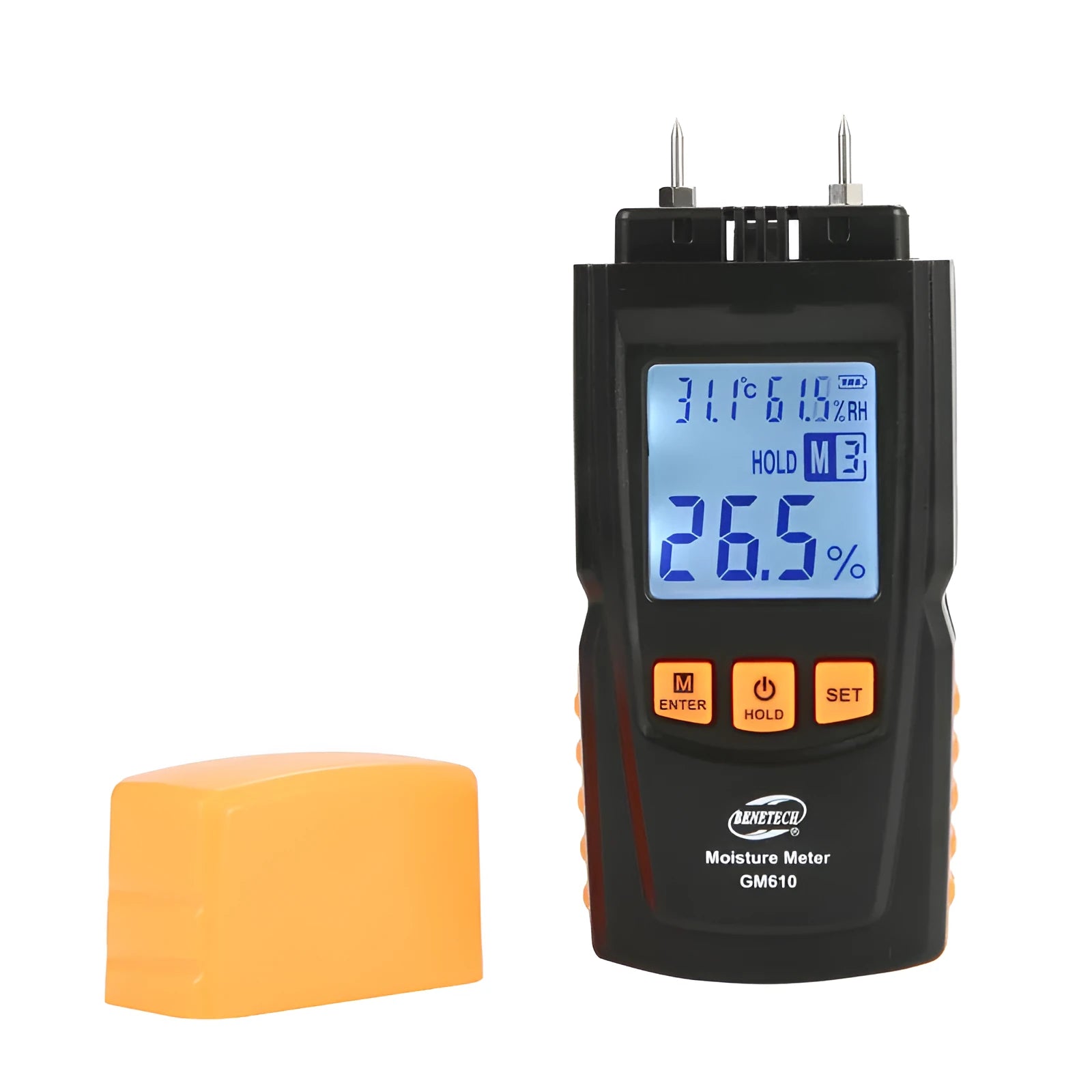 GM605 pin type wood moisture meter with black plastic casing and backlit LCD display