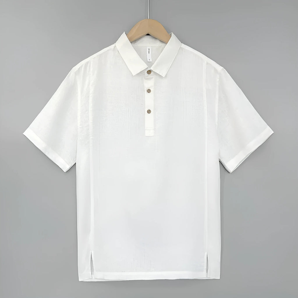 Men's light linen short sleeve top with thin lapels in a loose fit, shown in gray green.