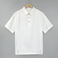 Men's light linen short sleeve top with thin lapels in a loose fit, shown in gray green.