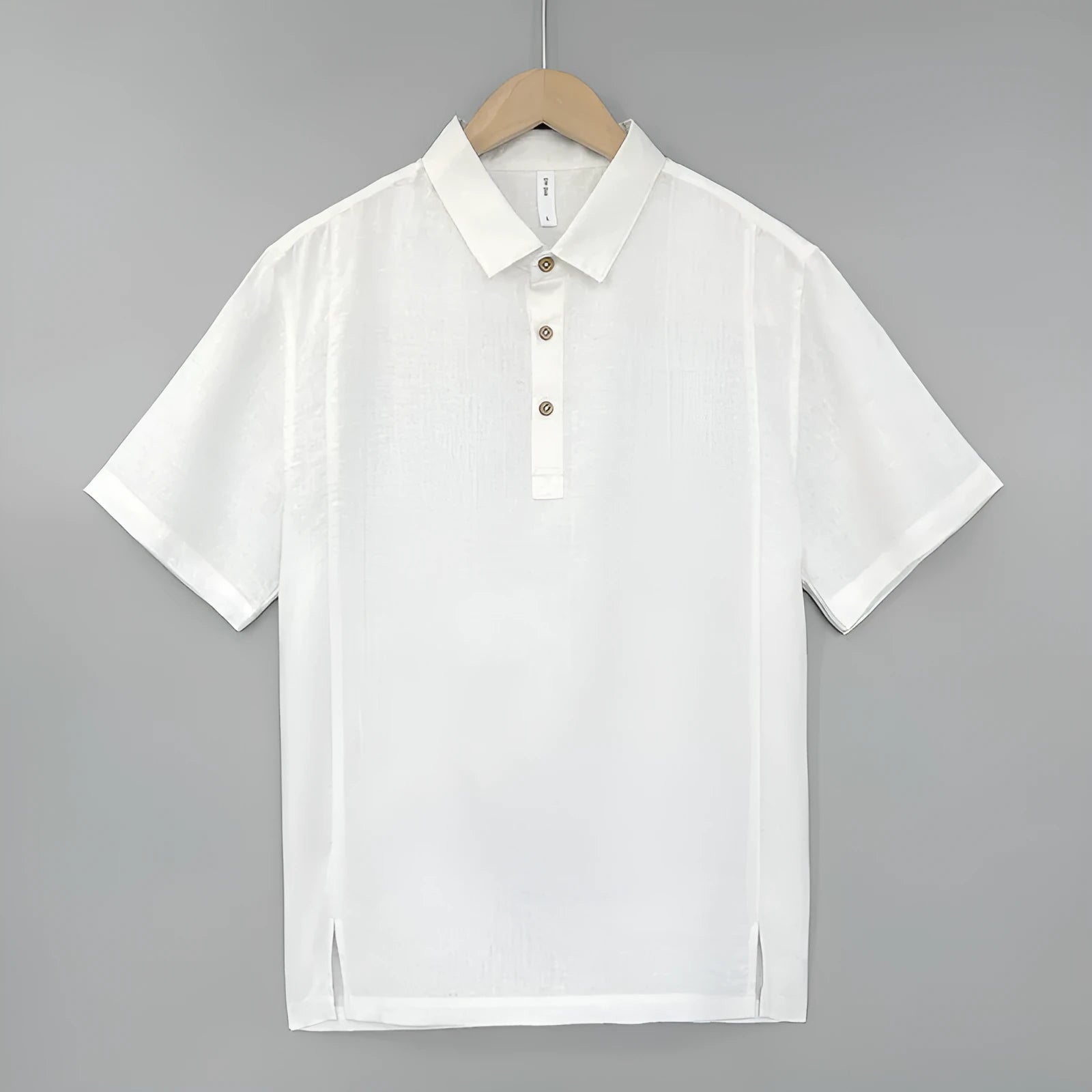 Men's light linen short sleeve top with thin lapels in a loose fit, shown in gray green.