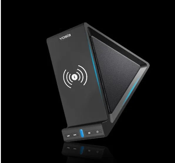 Black multifunctional Bluetooth speaker with integrated wireless charging base and phone stand.