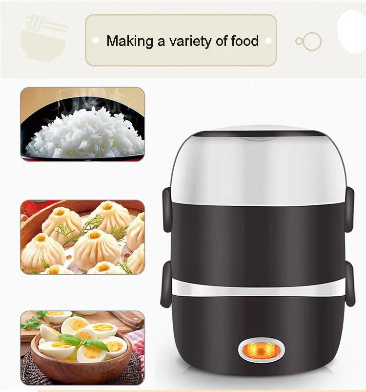 White electric lunch box with USB port showing 190mm dimensions and dual capacity options