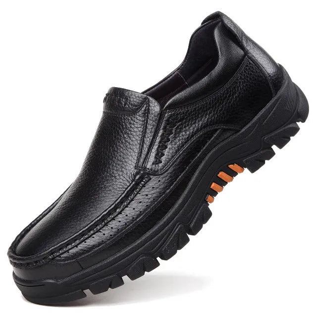 Men's black business casual leather slip-on shoes with rubber sole for office wear
