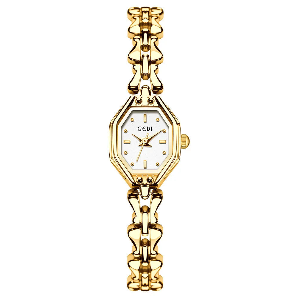 Luxury retro octagonal women's quartz watch with alloy strap and barrel-shaped dial, mineral glass mirror, steel gold white colour