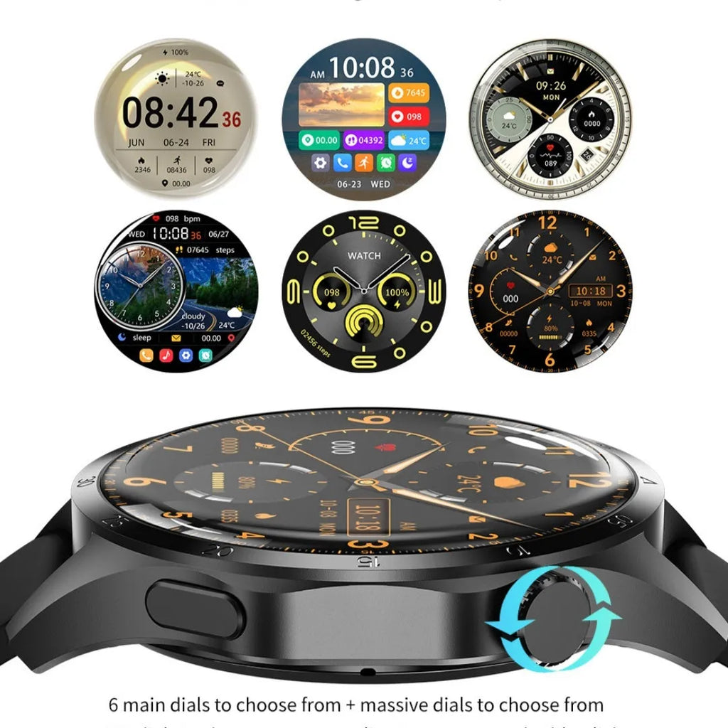 Black Bluetooth smartwatch with a touchscreen display, shown with both silicone and Milanese mesh strap options.