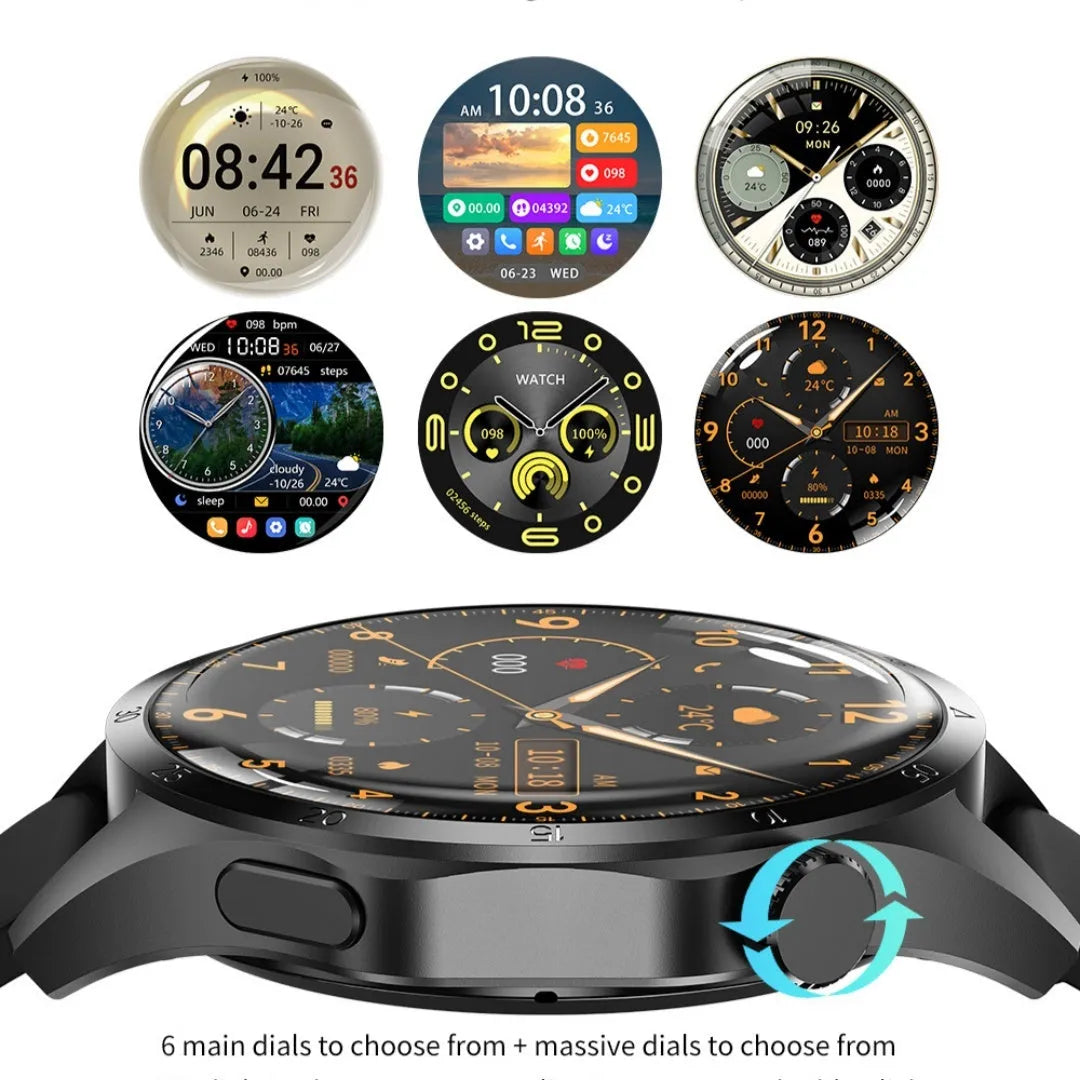 Black Bluetooth smartwatch with a touchscreen display, shown with both silicone and Milanese mesh strap options.