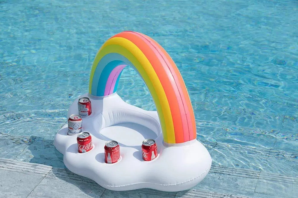 Rainbow cloud shaped inflatable pool float cooler with four cup holders floating on water