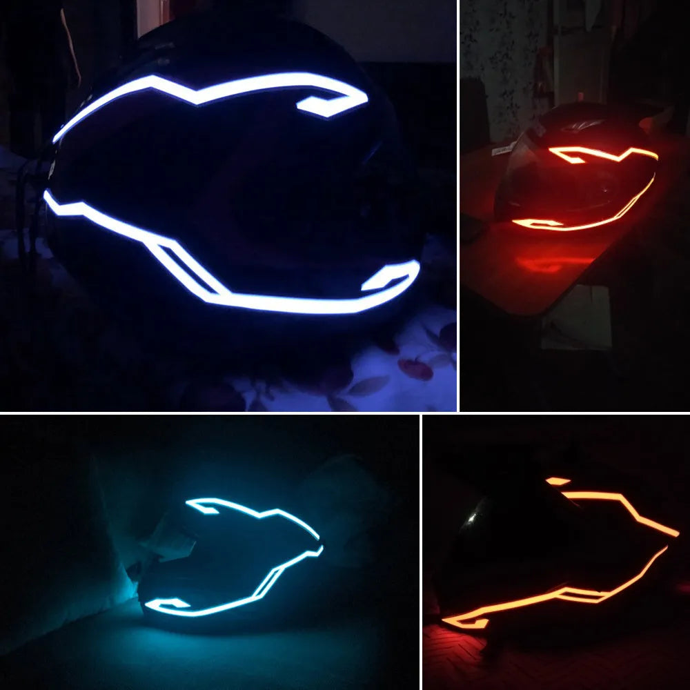 EL helmet light bar with four illuminated strips attached to a bicycle helmet, multicolour glow
