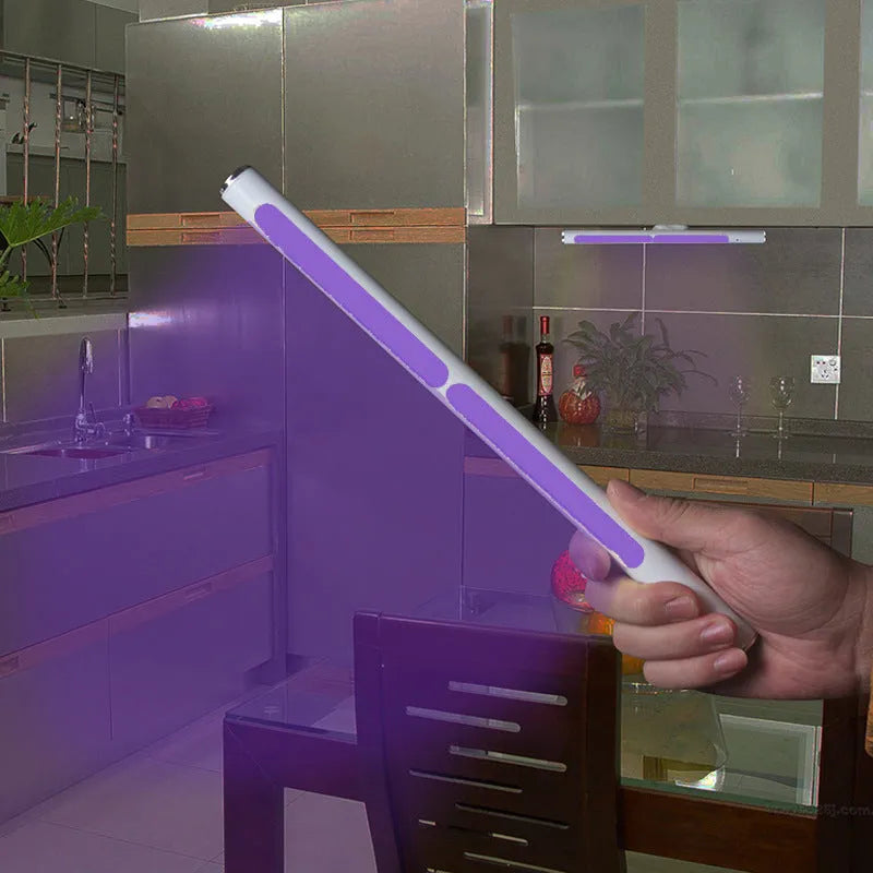 Silver handheld UV disinfection stick on white background, USB rechargeable, 20x300mm, PC aluminium construction