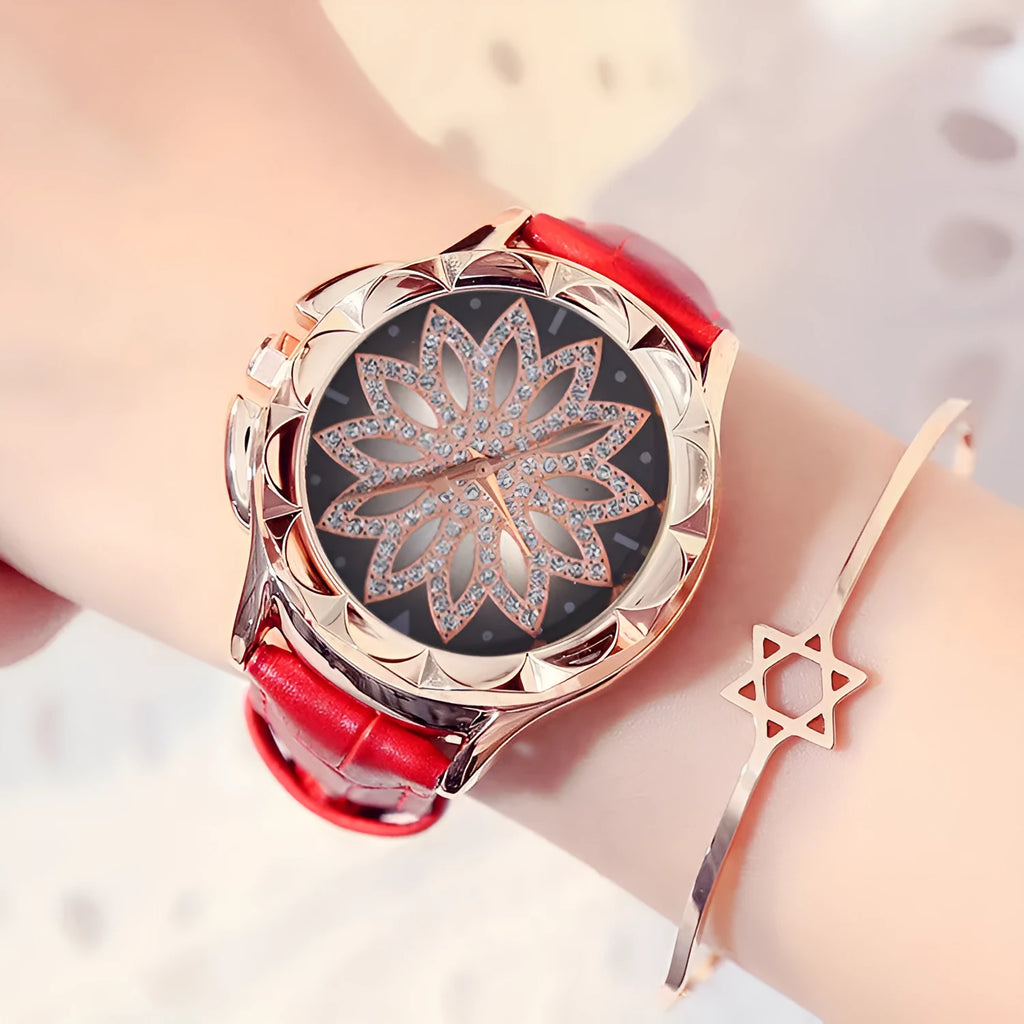 Ladies quartz watch with rotating dial, 40mm alloy case, PU leather strap, and pin buckle closure