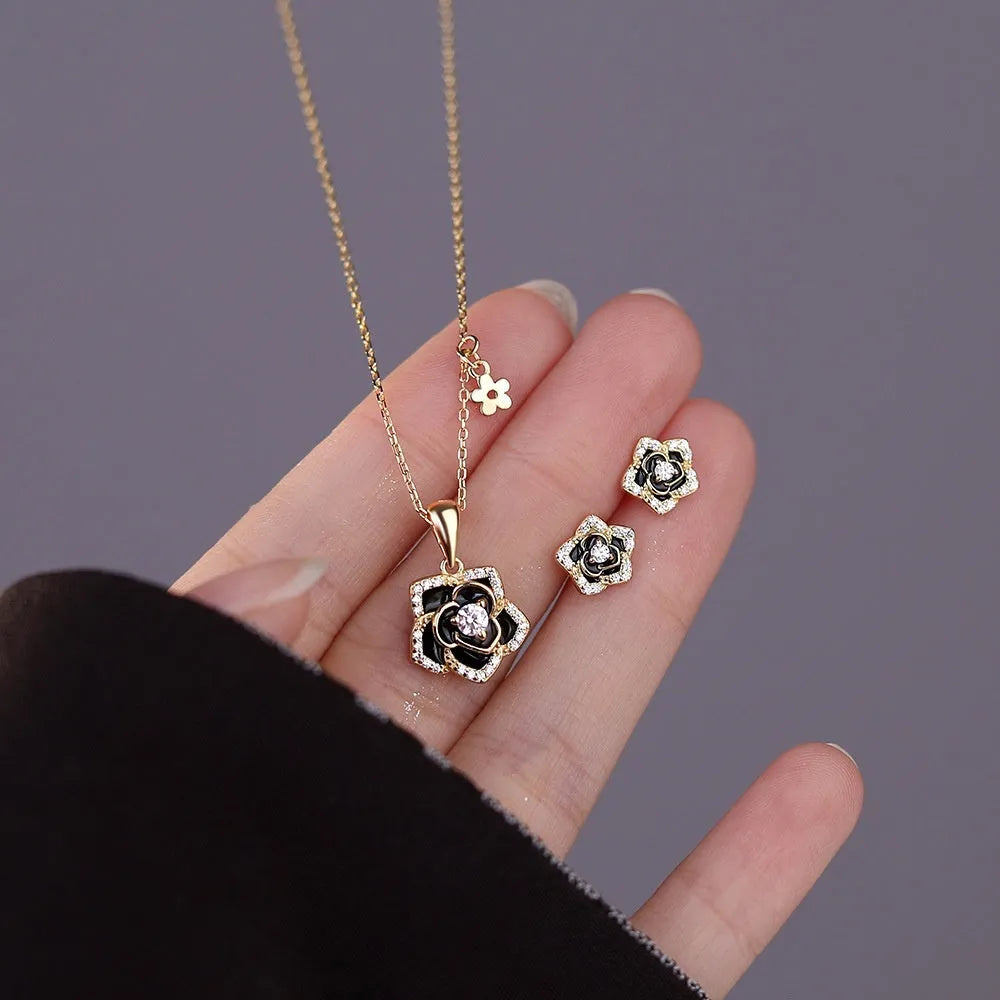 S925 sterling silver camellia necklace with zirconium inlay white gold finish on cross chain