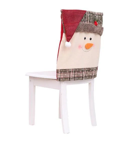 Christmas chair cover set showing Santa Claus and Snowman designs sized 51cm by 48cm with Santa hats measuring 60cm by 50cm
