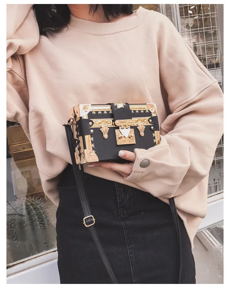 Hard structure black PU leather women's flap bag with shoulder strap and hasp closure