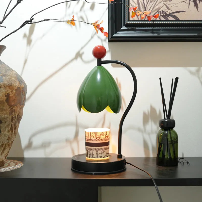 Ancient style LED melting wax lamp in cream white or dark green metal holder with simulated candle flame effect
