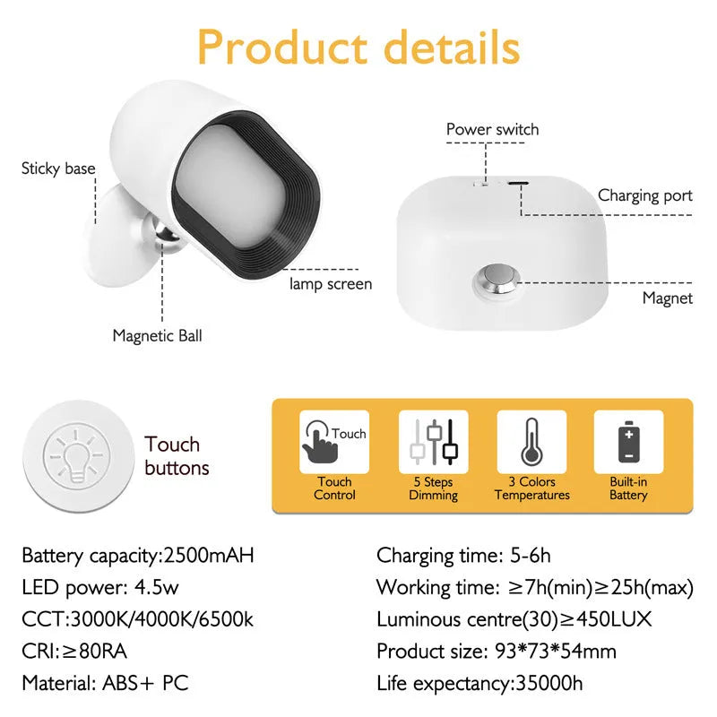 Oval white magnetic wall lamp with remote control showing colour changing functions