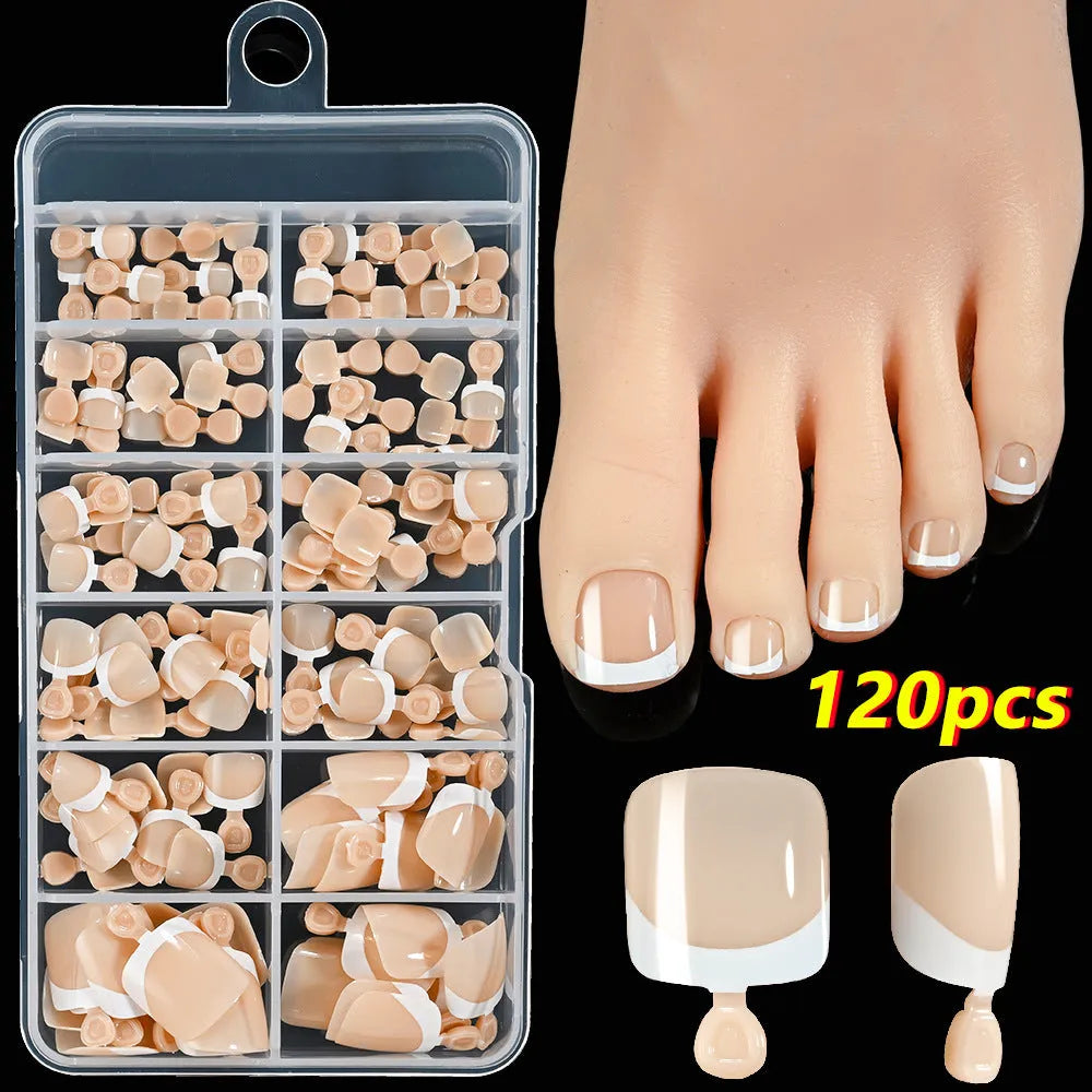 120 piece box of nude square artificial nail tips with French white edges in assorted shades