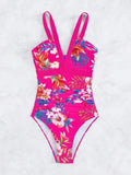 Women's floral pattern one-piece swimsuit with backless design in polyester spandex fabric