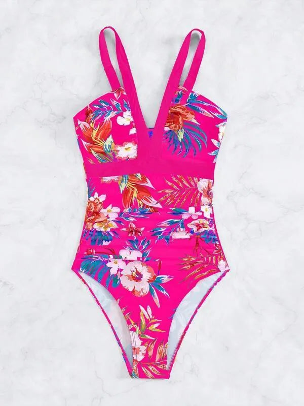 Women's floral pattern one-piece swimsuit with backless design in polyester spandex fabric