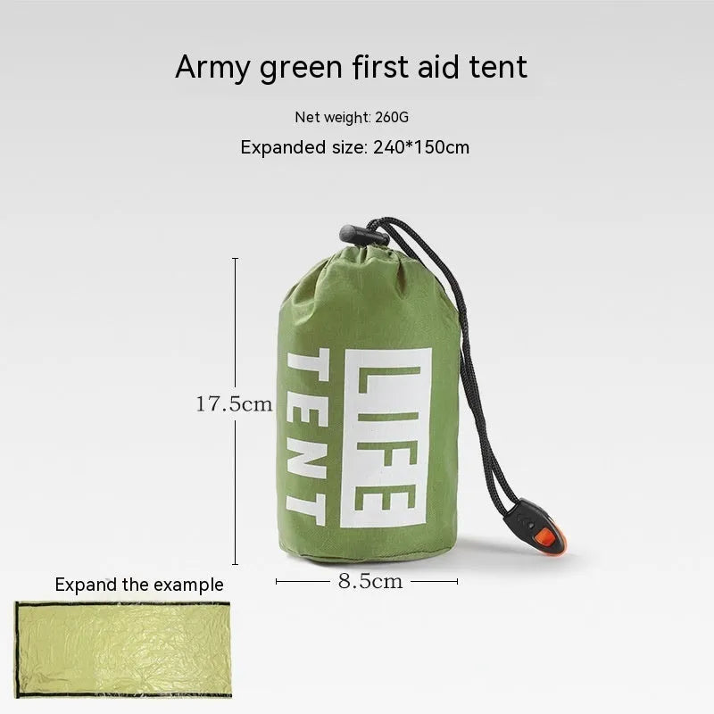 Emergency disaster relief tent kit with sleeping bag and raincoat in orange and green colours