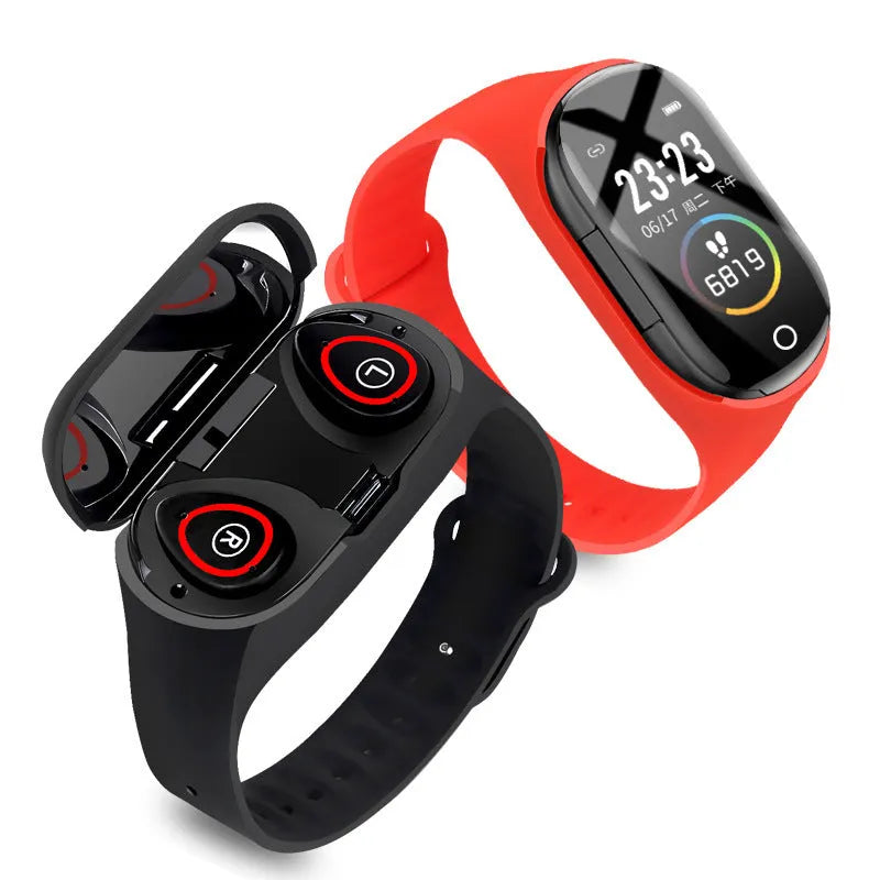 Smart bracelet earphone combo with 1-inch touchscreen in black, blue, or red silicone wristband