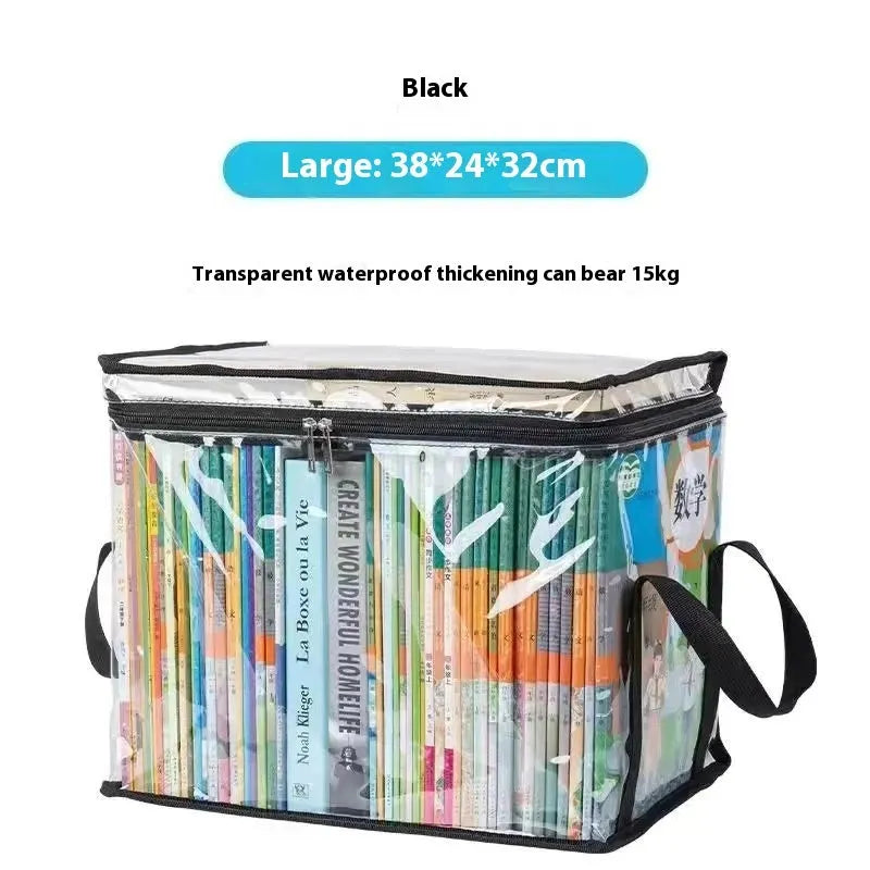 Large transparent foldable PVC storage bag showing inside, with sealing zip and dimensions 38x24x32cm.