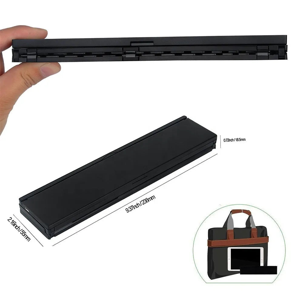Black folding Bluetooth keyboard for tablets with aluminium bottom cover in open position