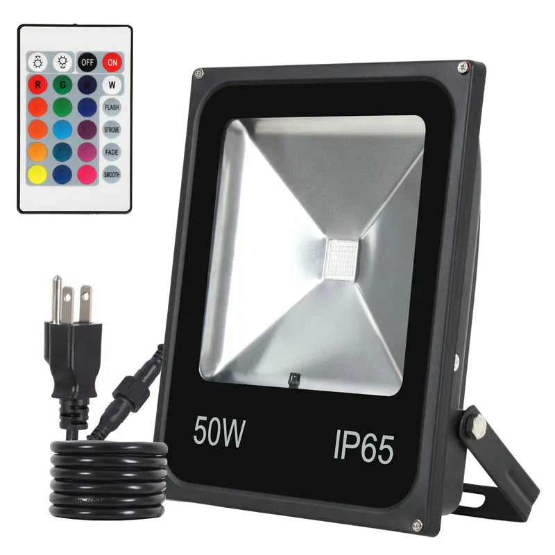 Black aluminium LED flood light with RGB colour changing capability for outdoor advertising and building lighting