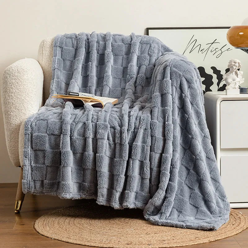 Thickened geometric pattern polyester blanket in cotton velvet texture shown in a milky white colour.