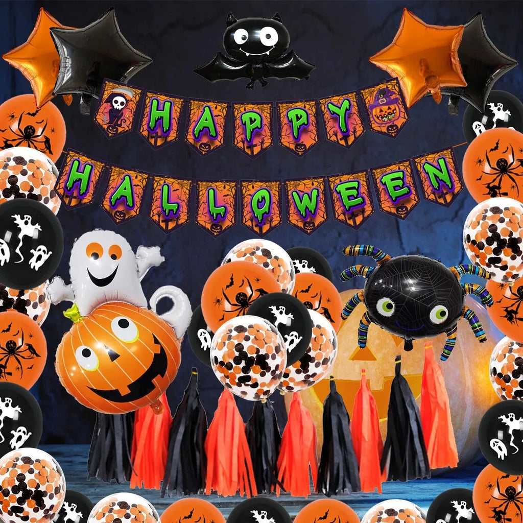 Halloween balloon combo with spider arch, skull and pumpkin designs in black and white colours