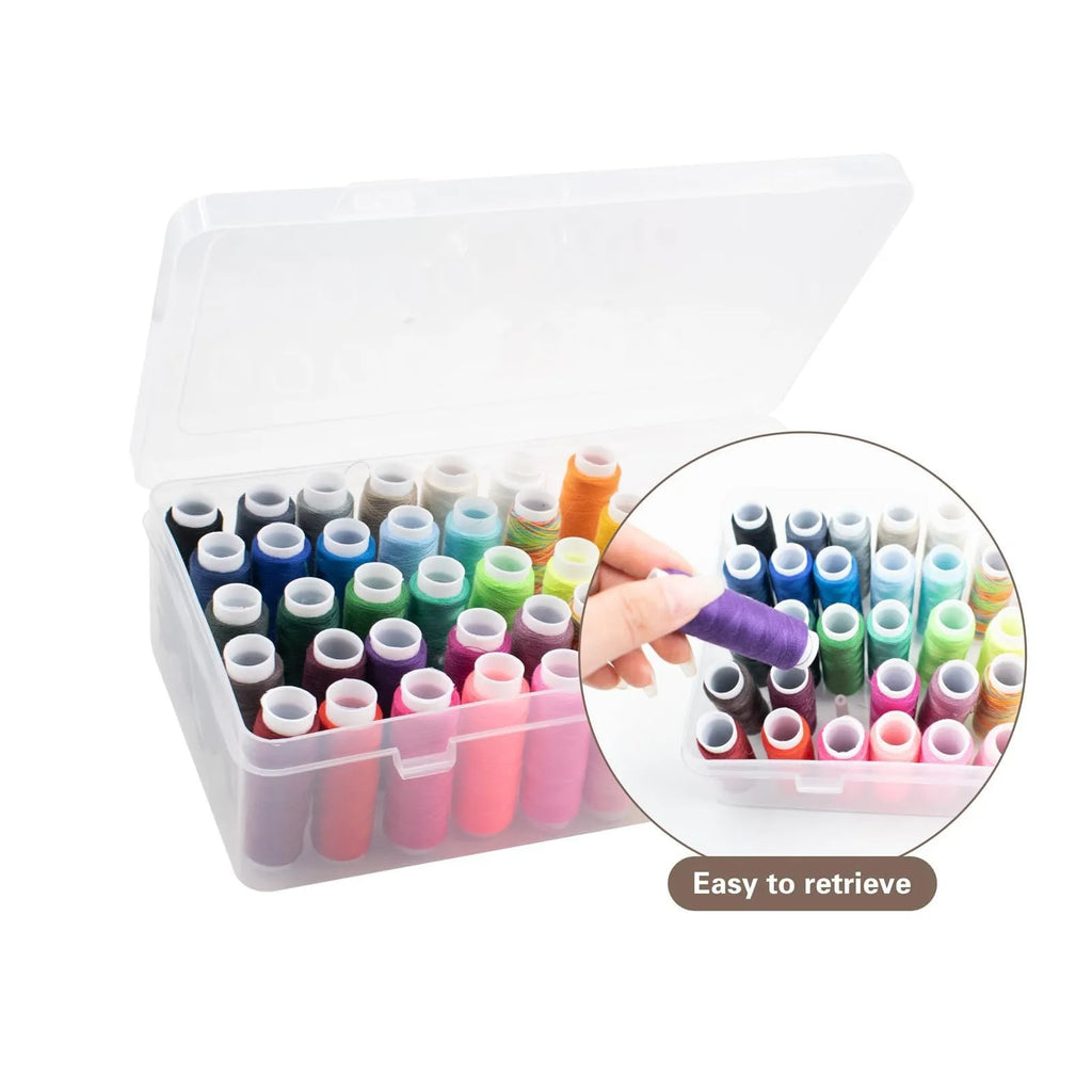 Transparent plastic embroidery thread storage box with 42 individual compartments.