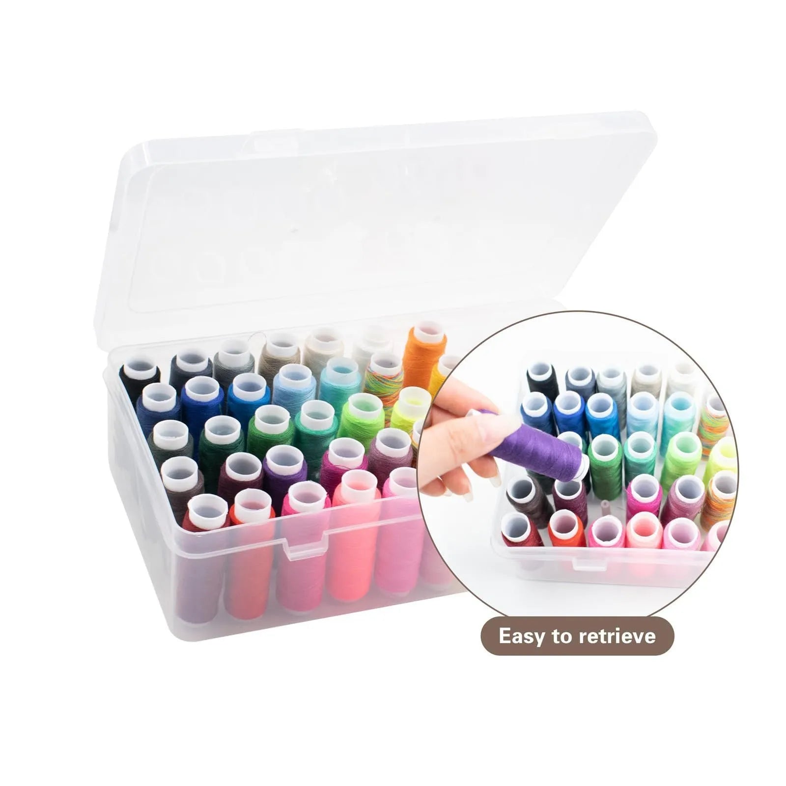 Transparent plastic embroidery thread storage box with 42 individual compartments.