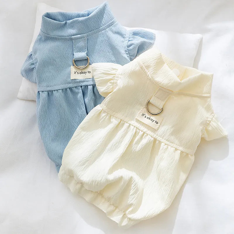 Solid colour polyester flying sleeve dress for small dog in Bondi Blue with cloth label