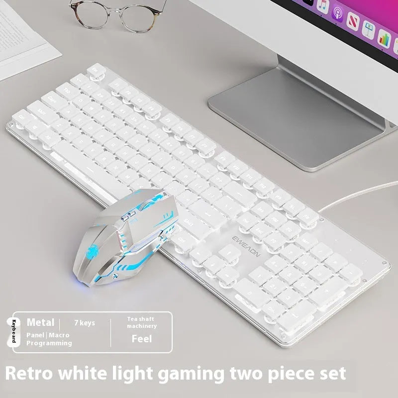 Mute mechanical keyboard with LED lighting and matching wired mouse in silver white blue colour combination