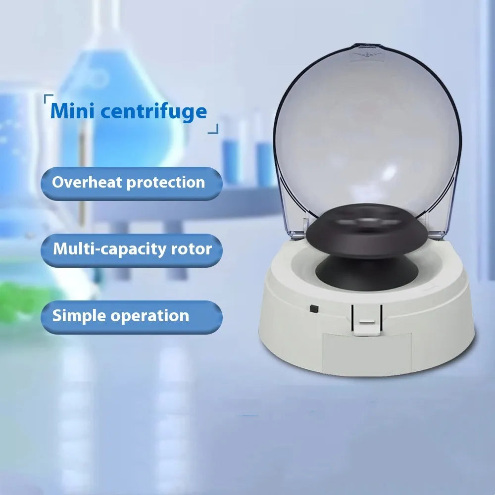 Small white benchtop mini centrifuge laboratory equipment with digital display