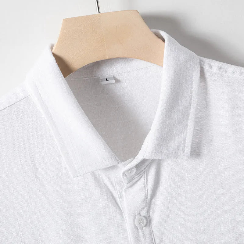 Men's loose lapel linen blend T-shirt in optic linen, black, or white.