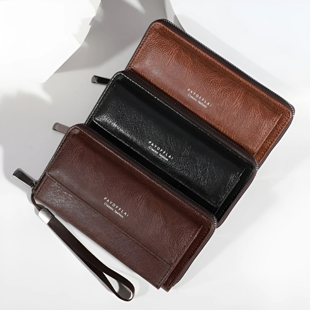 Men's black and brown PU wallet showing multiple card slots and cash compartment, closed.