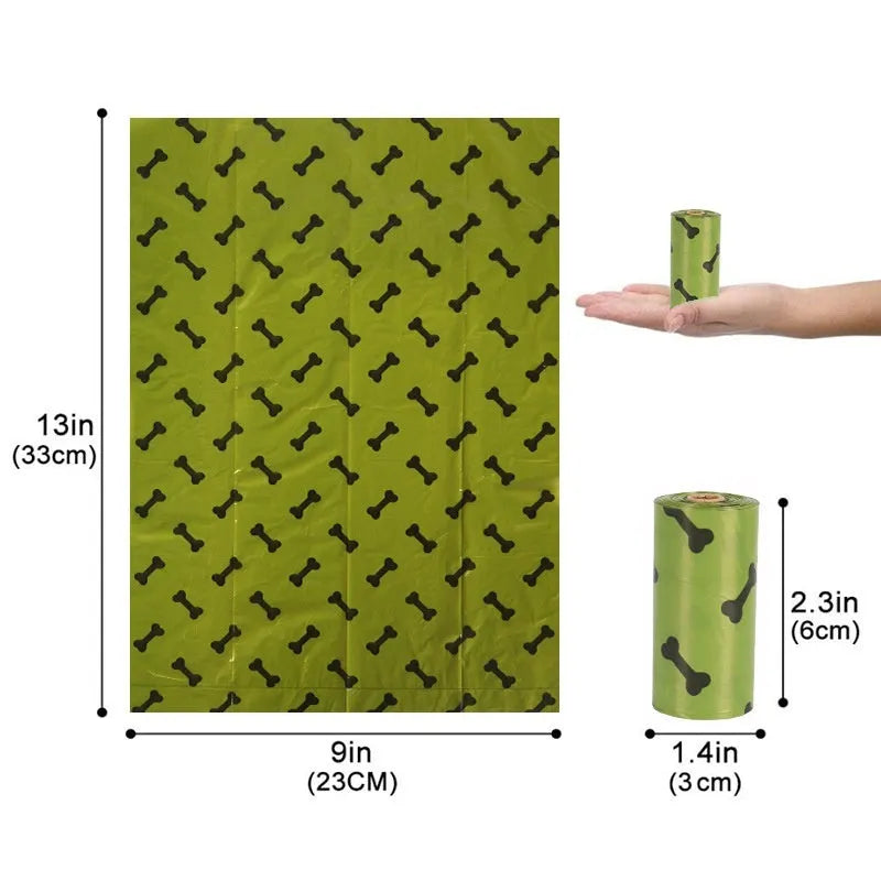 Degradable dog waste bag roll showing military green colour with black bone pattern print