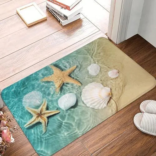 Soft square flannel floor mat with a coastal starfish print on a hard floor