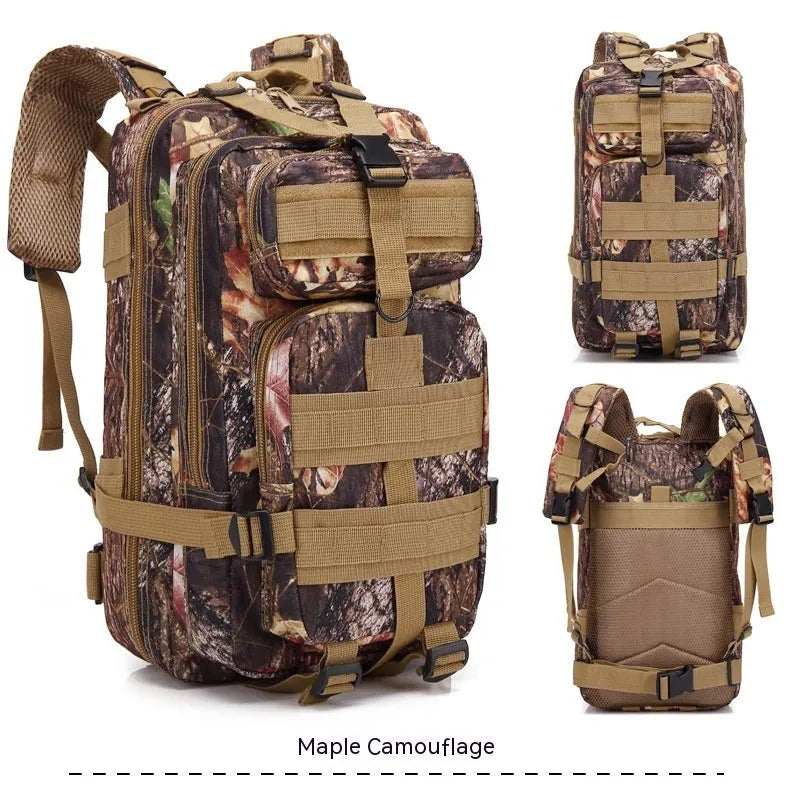 Large khaki hiking backpack with air pillow belt system shown for off-road use.