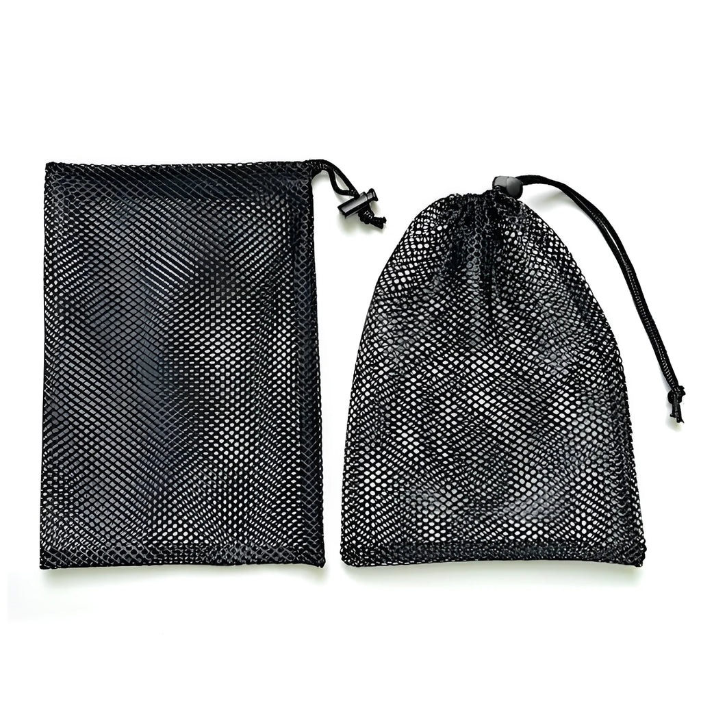 Black mesh drawstring storage bag for children's water ball toys showing three size options